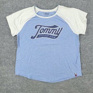 Tommy Hilfiger Shirt Women's XL Blue White Raglan Graphic Tee Short Sleeve Logo